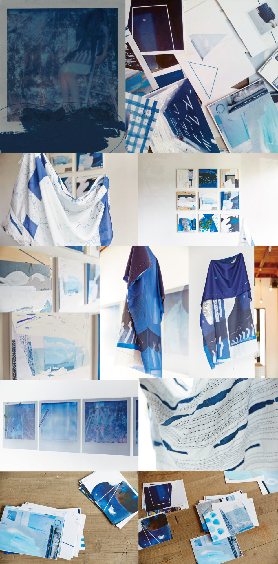 アオ デザイナー・大谷有紀と刺し子を得意とするファッションブランドzaziquoのデザイナー・清水えり子による2人展「アオ」。恵比寿のearth&saltにて開催した、オリジナルテキスタイルによる一点もののワンピースや共作のドローイングやコラージュ、ポスターによるアオをテーマとした空間インスタレーション展示。