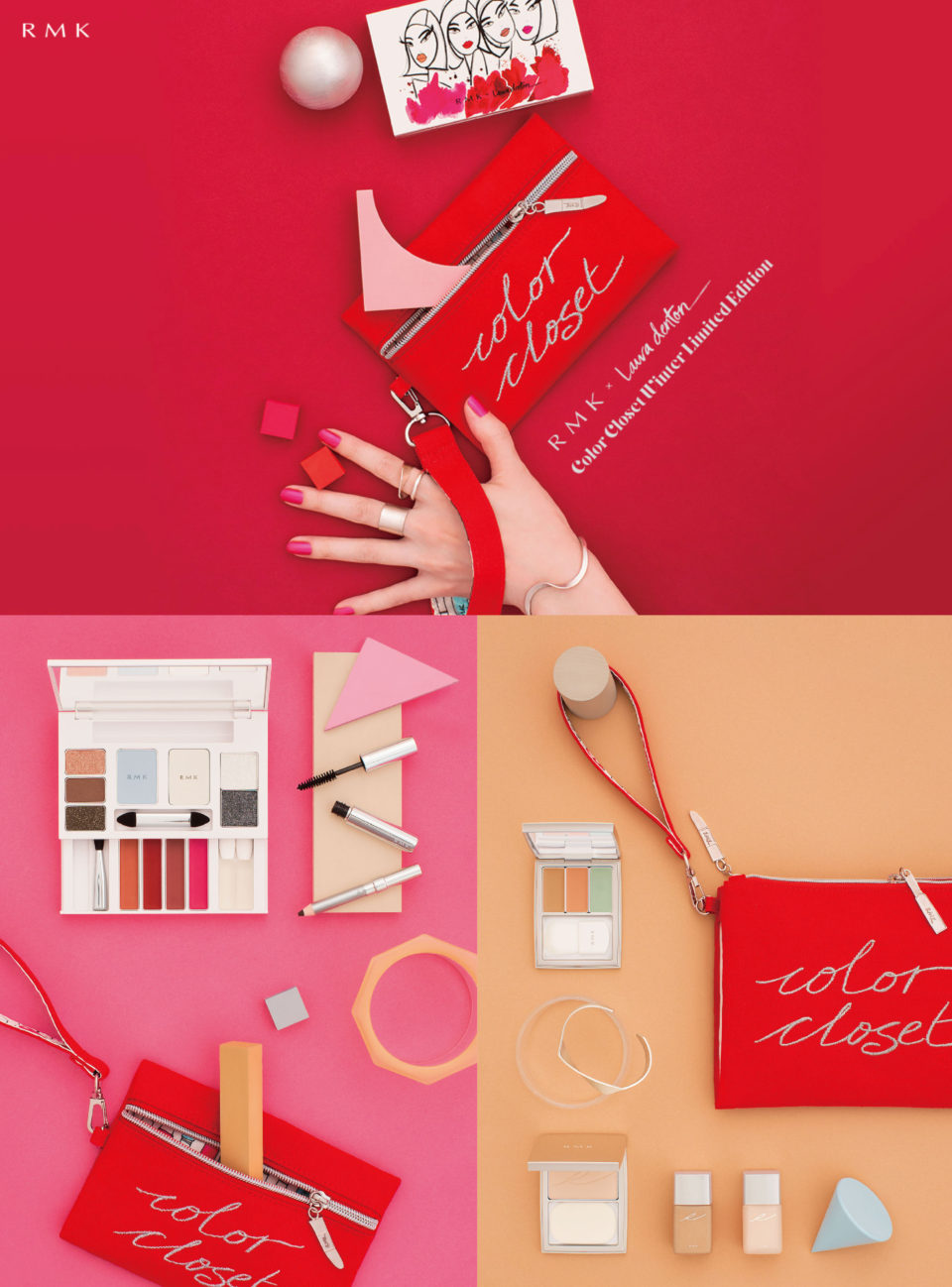 RMKのクリスマスコレクション”Color Closet Winter Limited Edition”のビジュアルートディレクション及びデザイン、店頭用カタログ・ショッピングバックに至るまで担当。
アートディレクション・大谷有紀、フォトグラファー・Sophie Isogai、レタッチャー・加藤エリ
